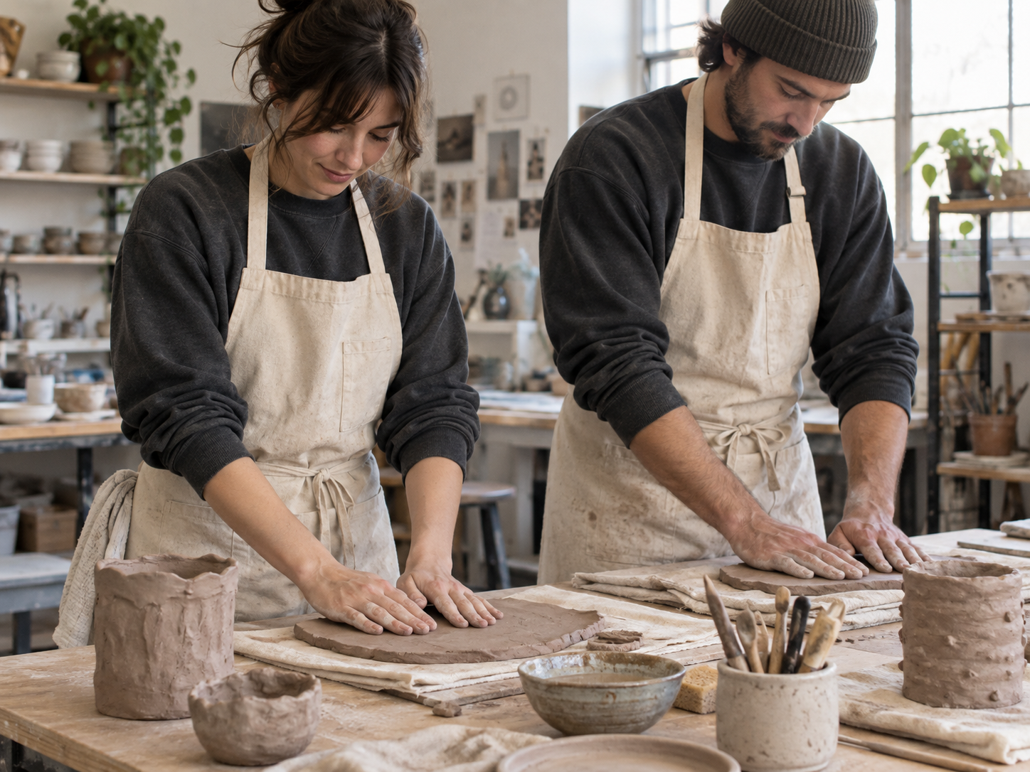 Concept image of two makers wearing studio apparel while handbuilding with clay